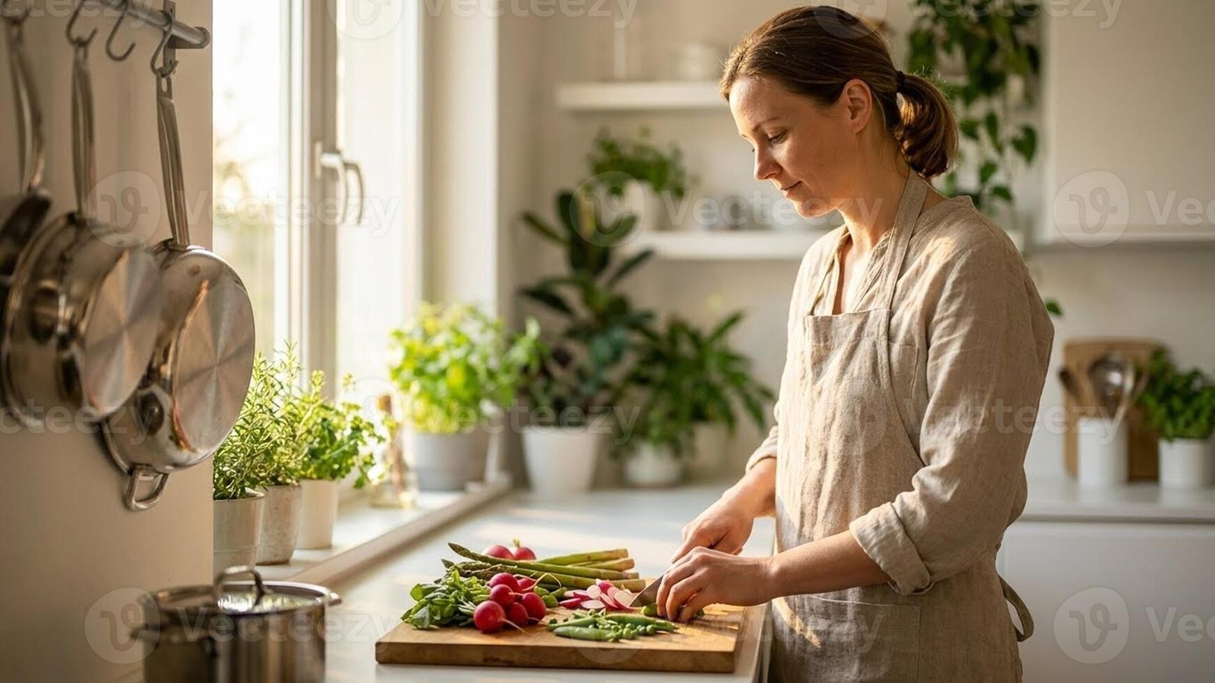 Caucasian adult woman preparing fresh vegetables on kitchen cutting board, healthy home cooking and meal prep routine, calm morning light for wellness and Easter brunch 77463868 Stock Photo at Vecteezy
