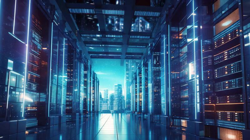 Futuristic AI data center with blue lighting