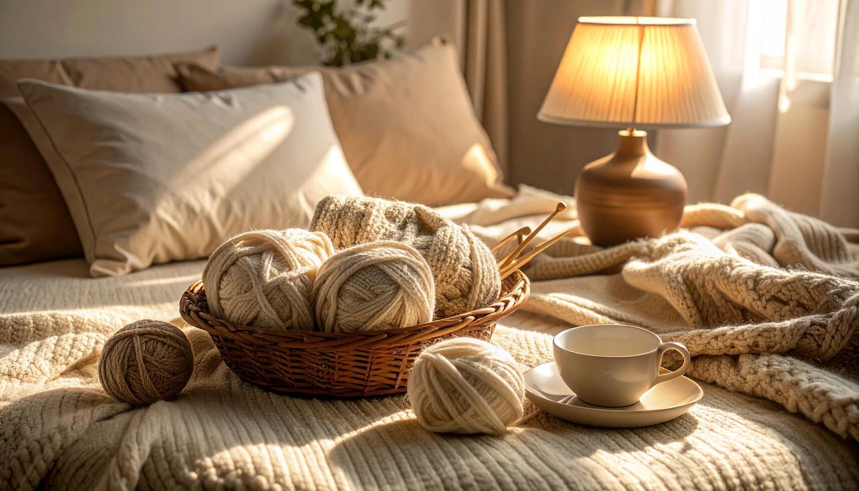Cozy Knit Yarn Balls Knitting Needles and Warm Drink on Bed in Soft Light