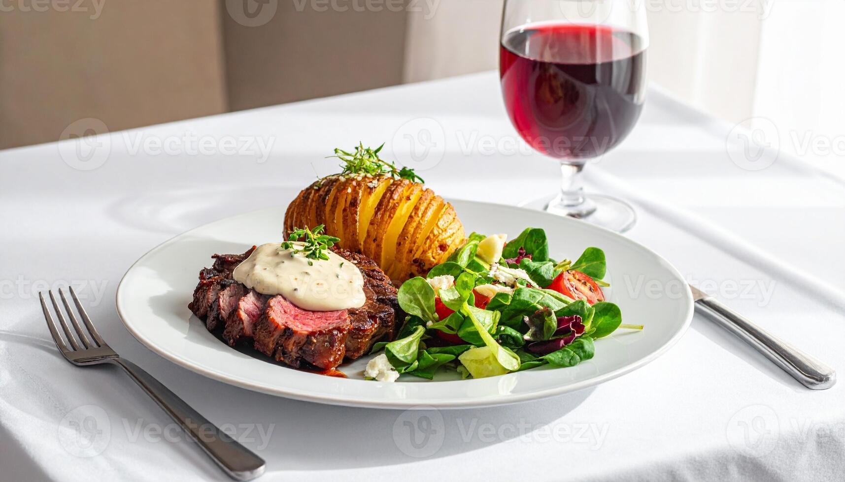 Elegantly plated grilled steak with red wine at fine dining Nairobi