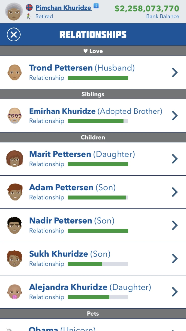 BitLife relationships screen showing family members and connections