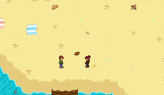 Stardew Valley character Alex training on the beach