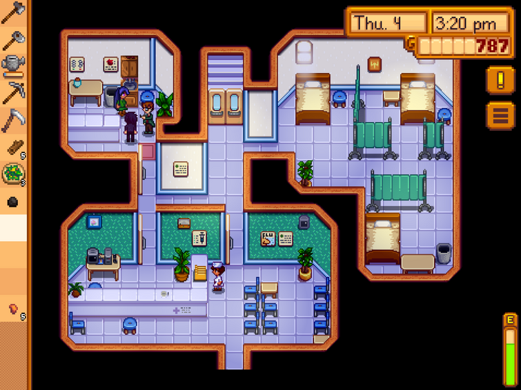 Stardew Valley character Harvey in clinic setting
