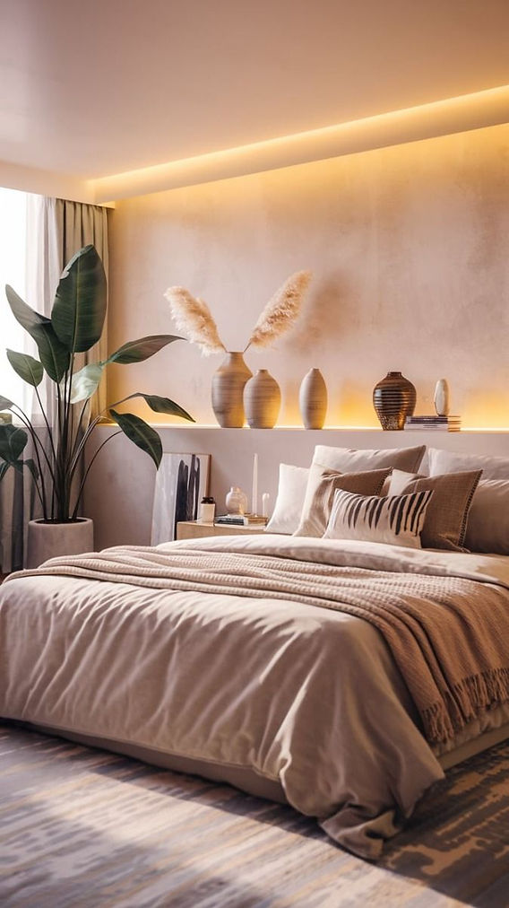 LED strip lights creating ambient cove lighting in a cozy bedroom