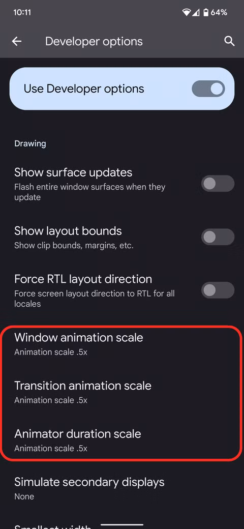 Android Developer Options showing Window animation scale Transition animation scale and Animator duration scale settings