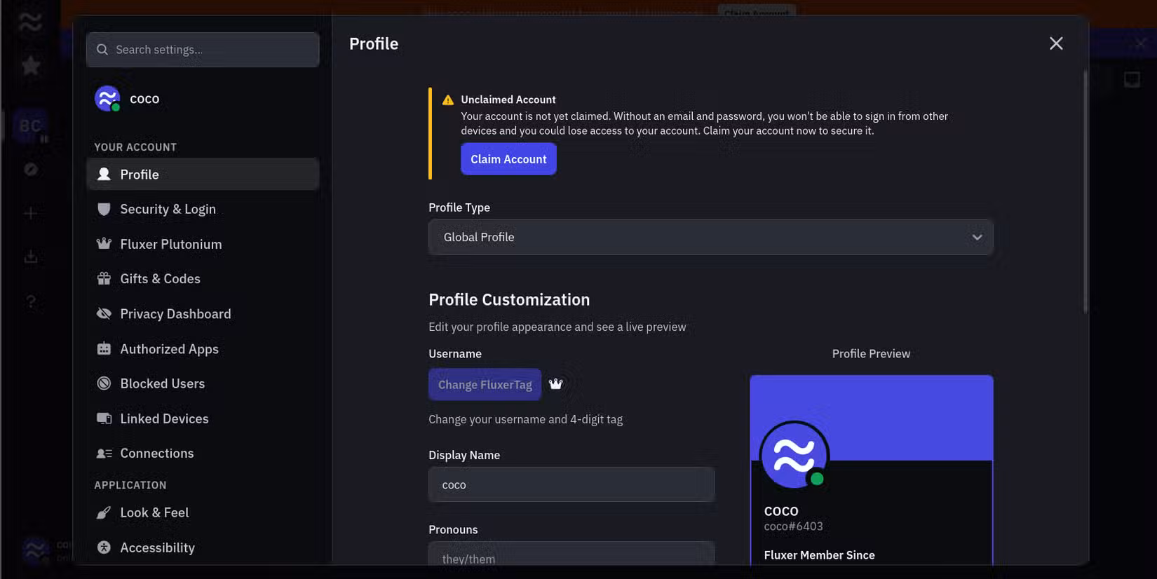Fluxer - Perfil y personalización