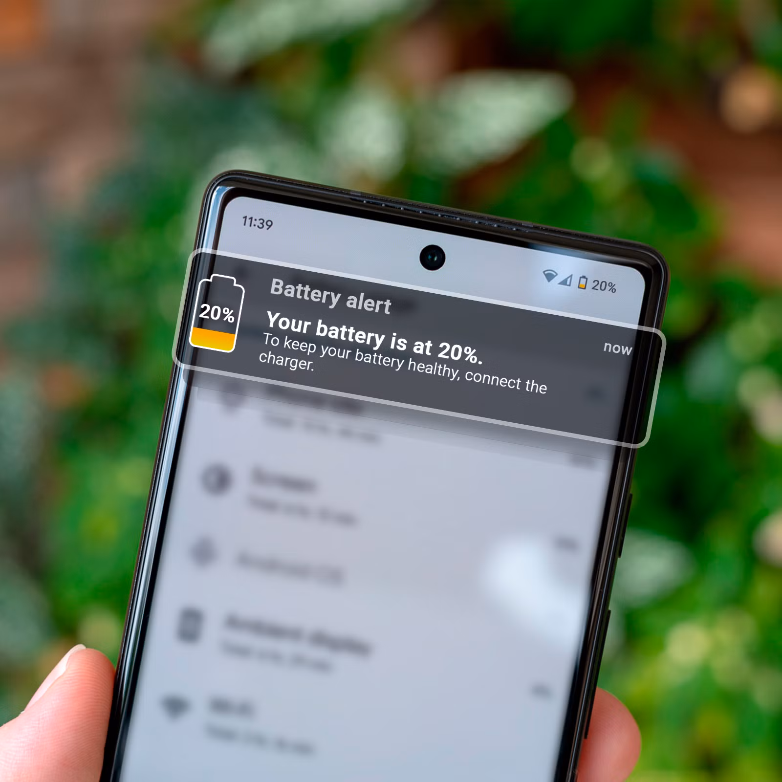 Android Battery Alert Notification Low Battery Android phone showing battery alert notification at 20 percent