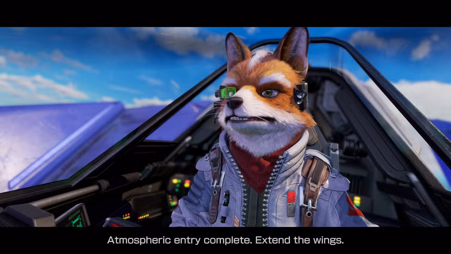 Fox McCloud in Arwing cockpit during atmospheric entry gameplay scene
