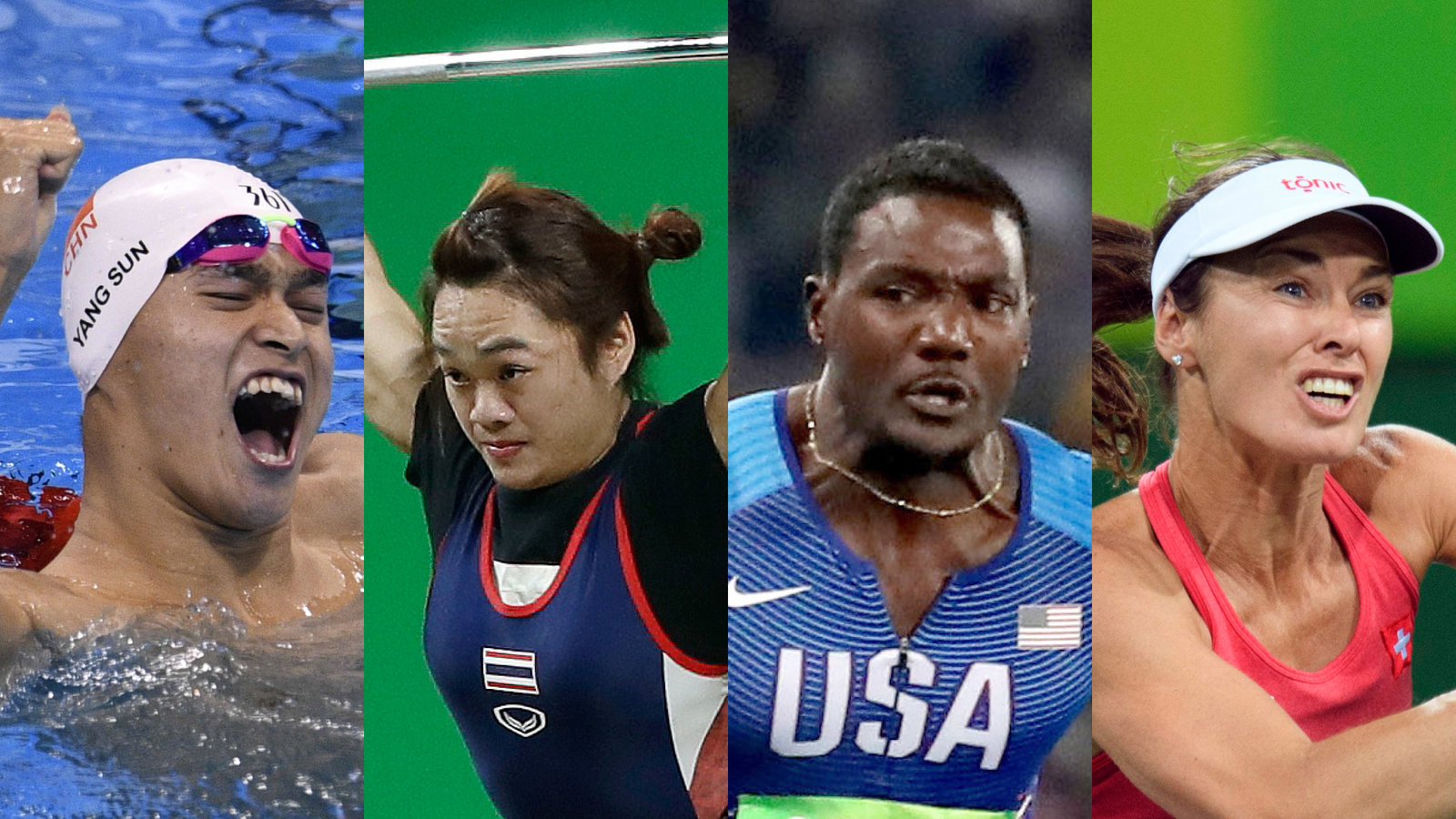 Montagem de fotos de atletas olímpicos envolvidos em casos de doping, incluindo nadador, levantadora de peso e atletas de atletismo