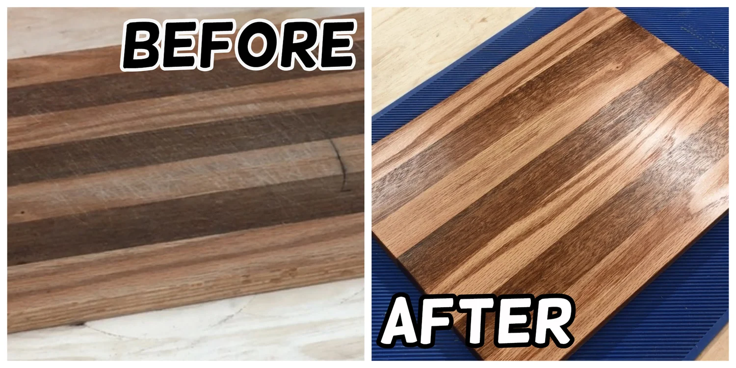 Before and after comparison of a restored wooden cutting board showing transformation from dry and cracked to smooth and rich color