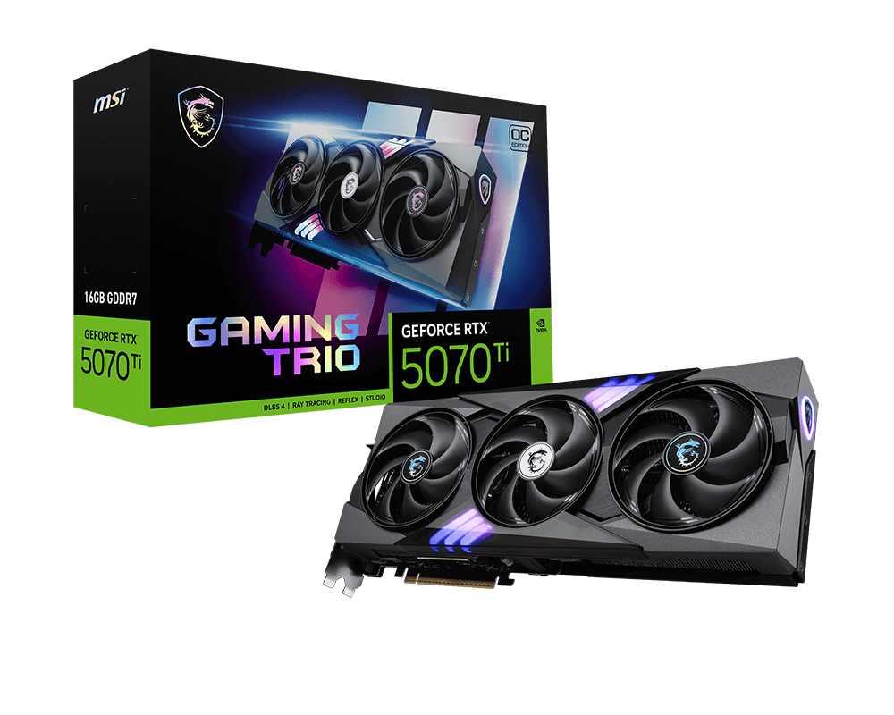 MSI GeForce RTX 5070 Ti GAMING TRIO OC with triple TORX 5.0 fans and RGB lighting