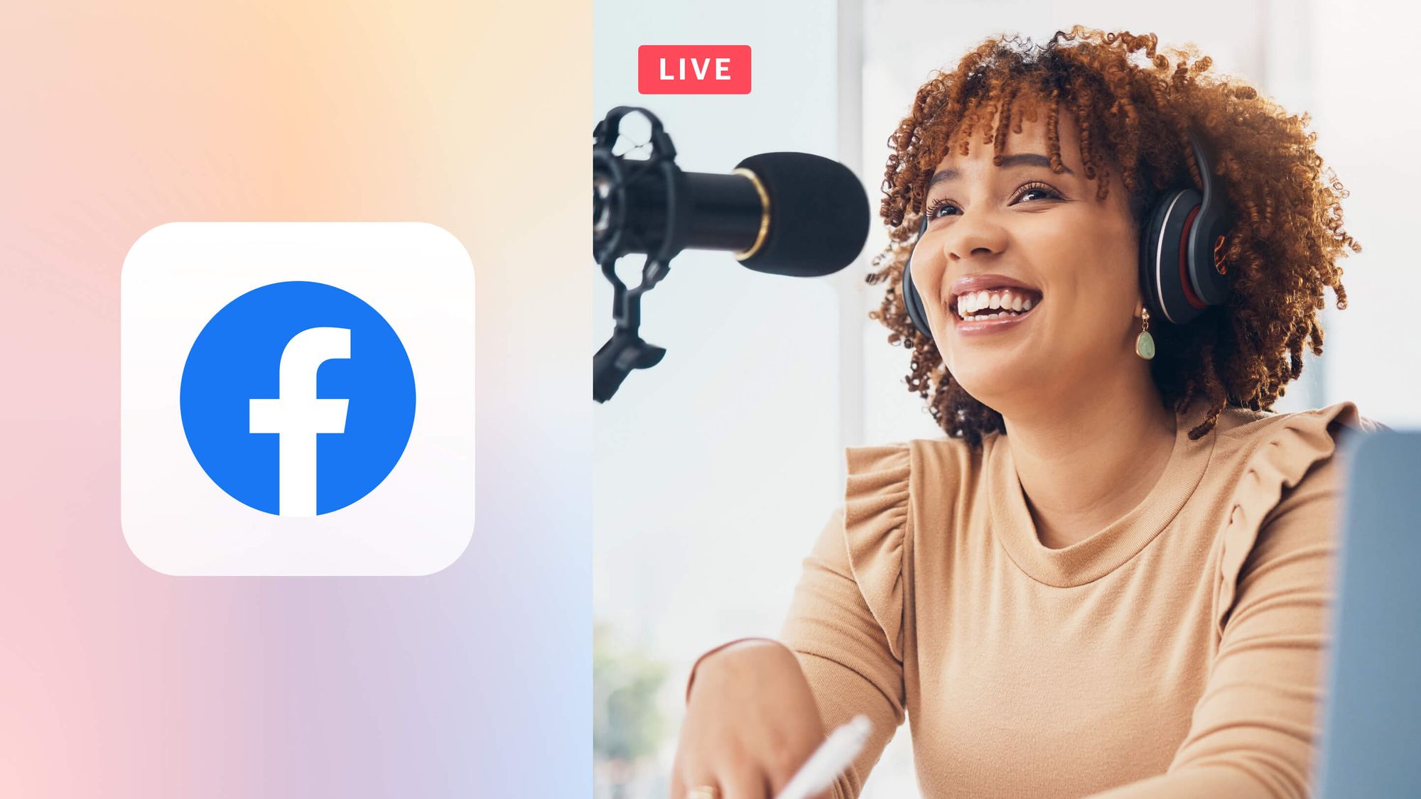 Woman doing Facebook Live streaming with professional microphone setup