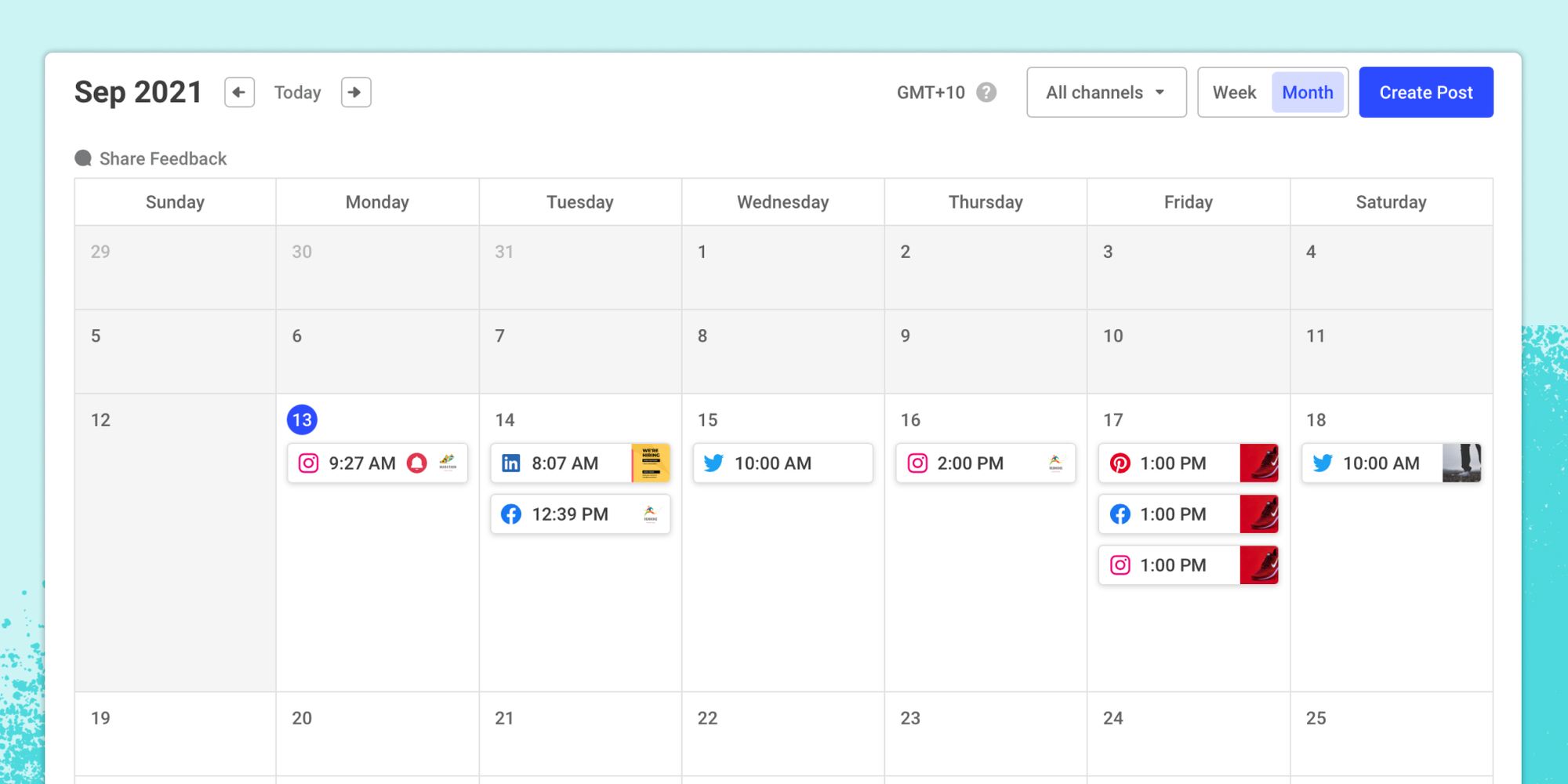 Buffer social media calendar interface showing scheduled posts