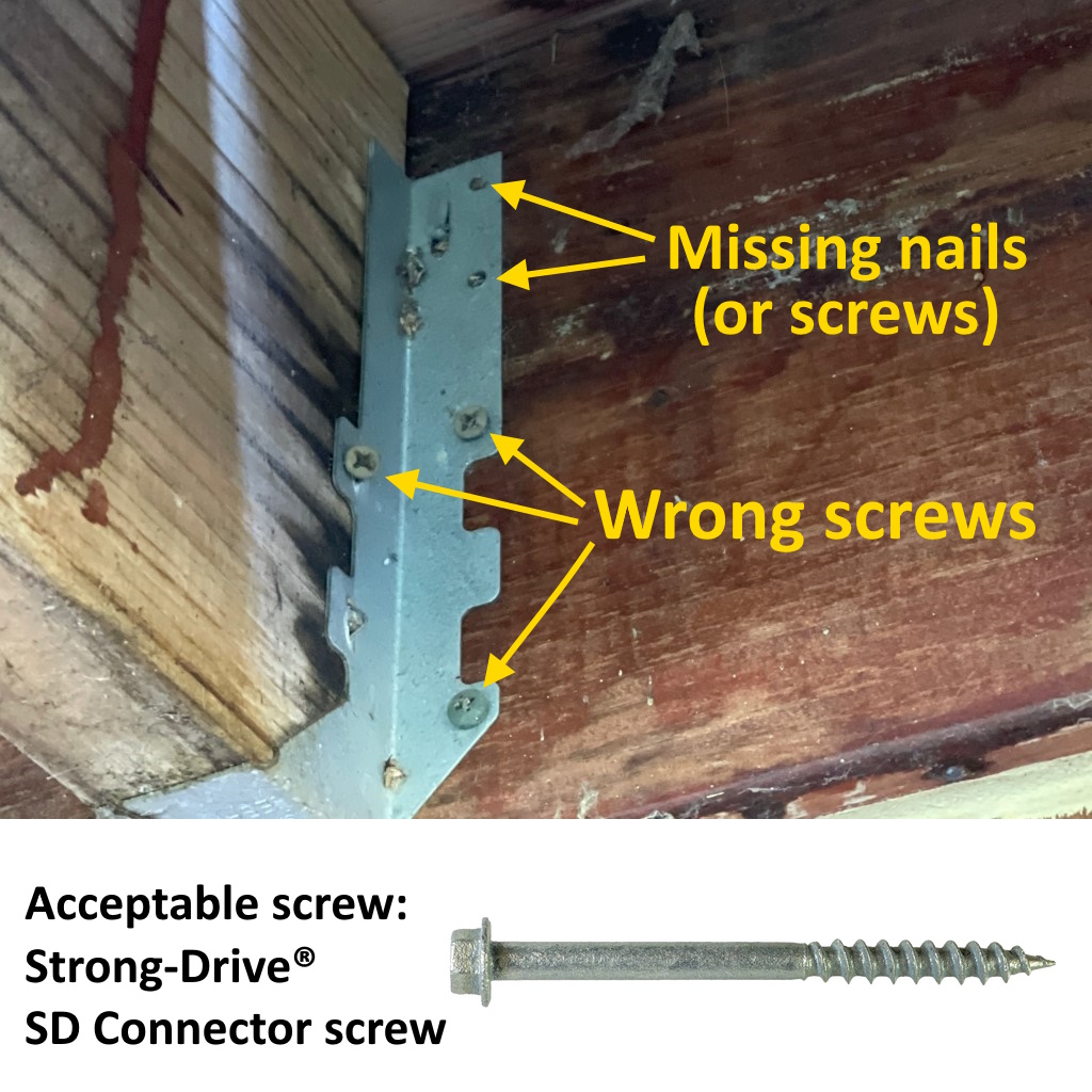 Ontario building code framing requirements - Joist hanger inspection showing missing nails and wrong fasteners