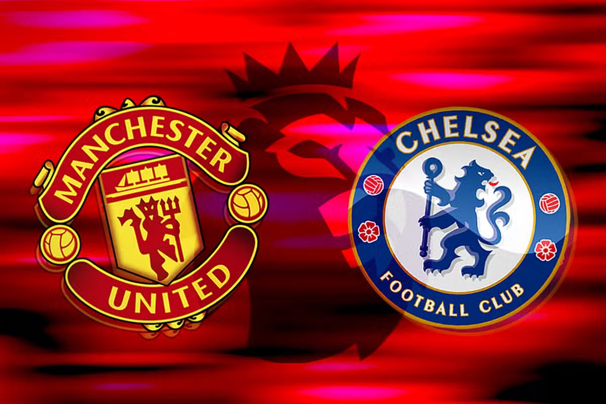 Chelsea and Manchester United club crests rivalry graphic