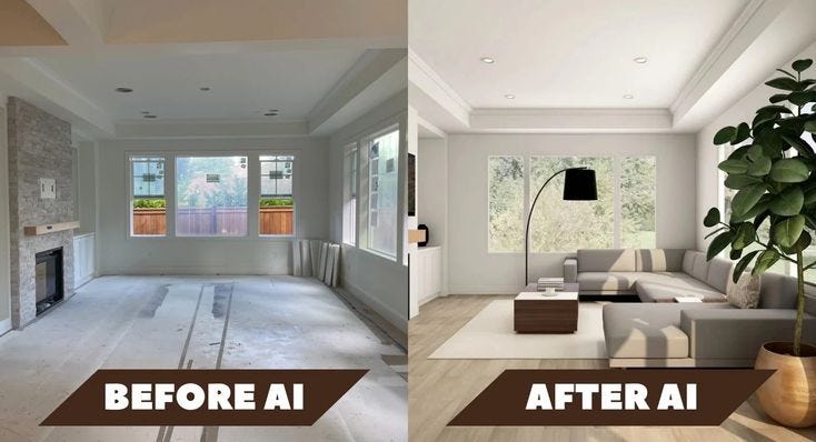 Before and after living room transformation showing AI generated virtual staging from empty space to furnished luxury interior