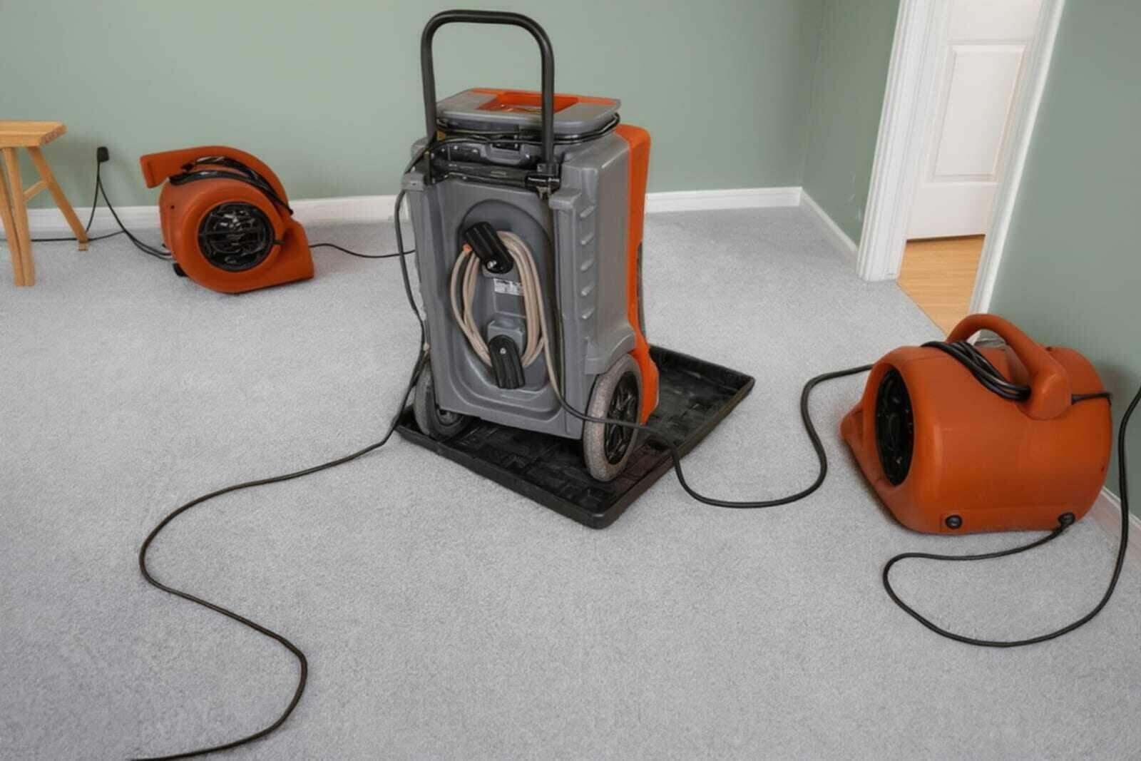 Commercial grade air movers and dehumidifiers drying a carpeted room after water damage