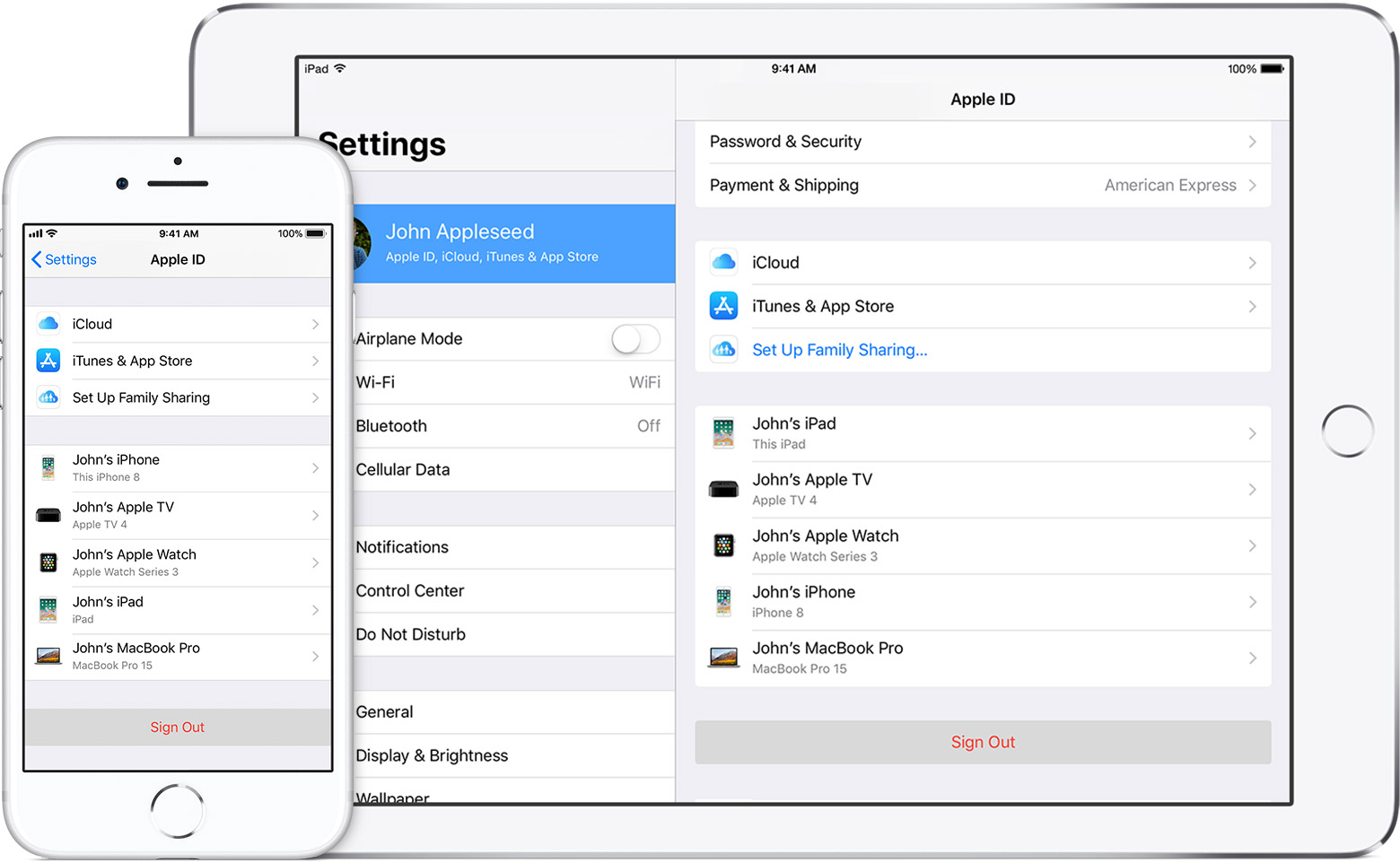 iPhone 和 iPad 显示 Apple ID 设置页面多设备列表
