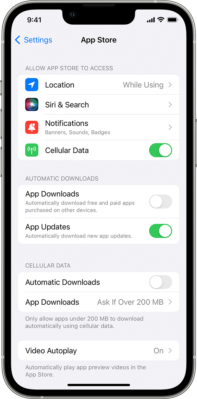iPhone App Store 设置页面显示自动下载和 App 更新开关
