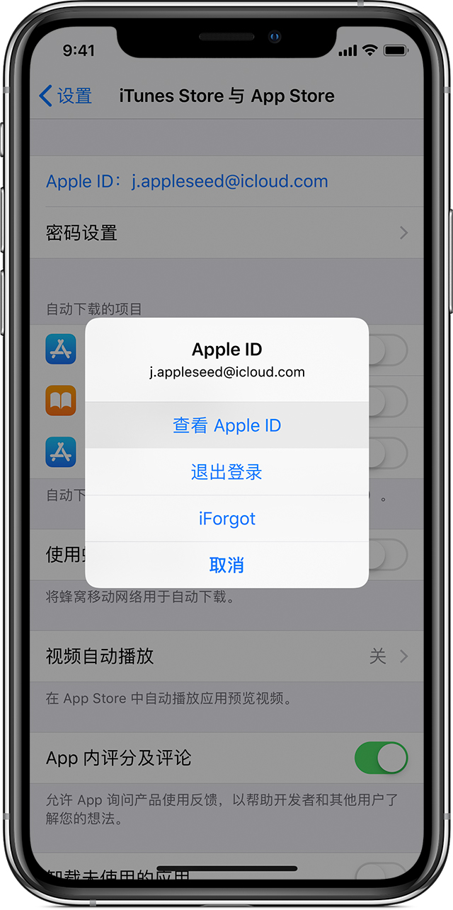 iPhone中文系统设置中Apple ID退出登录弹窗,显示查看Apple ID与退出登录选项