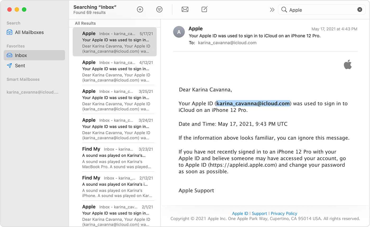Mac 邮件收件箱搜索 Apple 显示多封 Apple ID 相关邮件