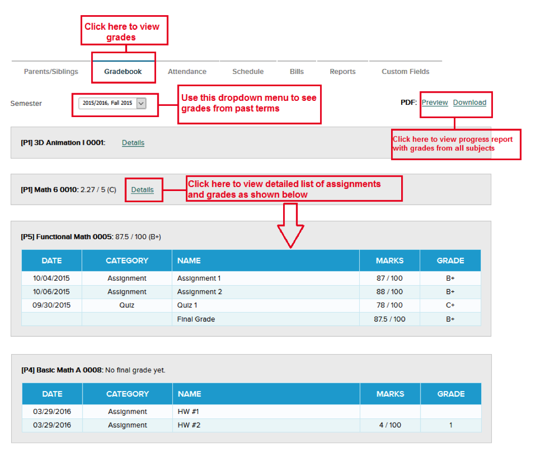 HAC Gradebook Dashboard Showing Student Grades and Assignments