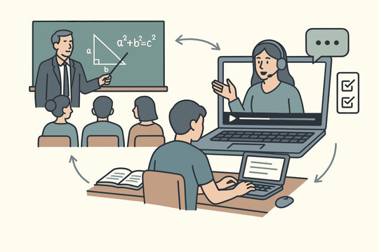 University students using laptops in a hybrid classroom