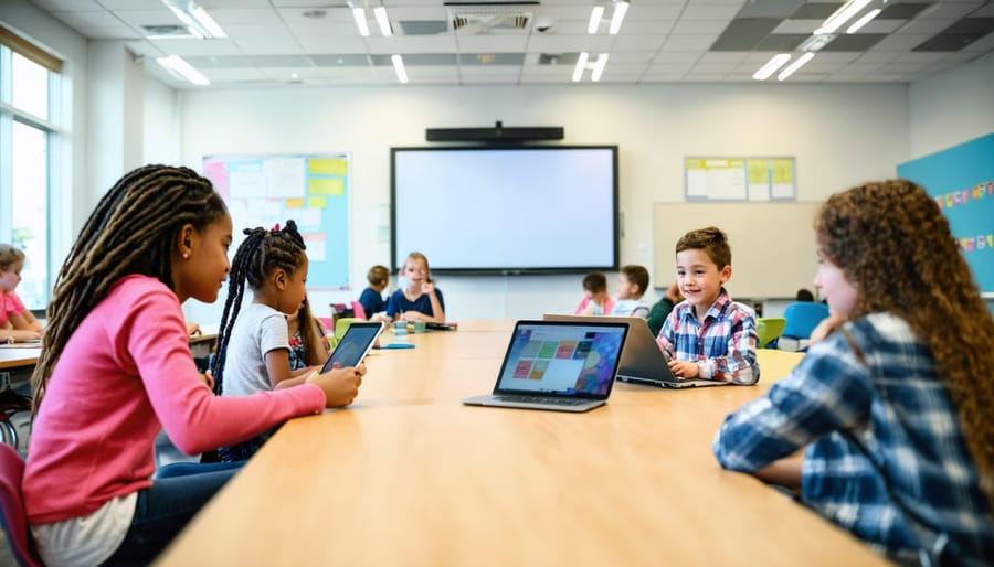 Diverse students collaborating in modern classroom