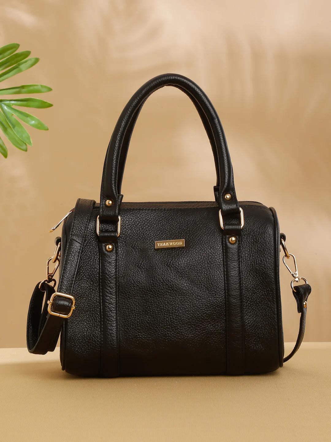 Teakwood Black Texture Leather Structured Satchel