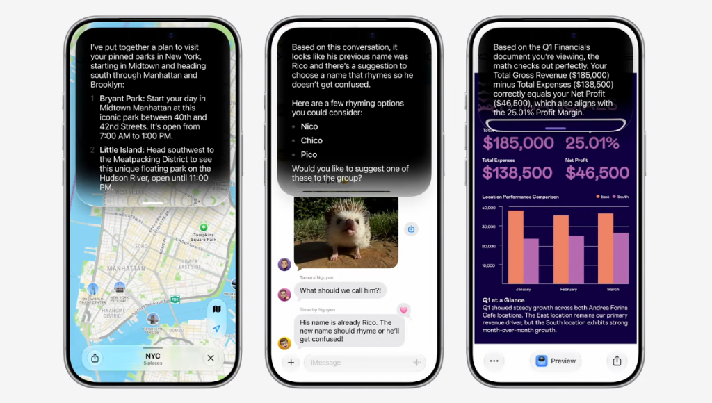 Siri AI contextual intelligence demo on iPhone Siri AI demo showing contextual responses across iPhone screens