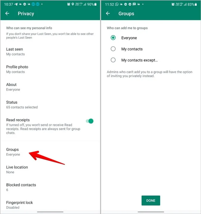 WhatsApp privacy settings showing group controls and read receipts options