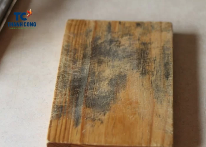Mold and bacteria growing on damaged bamboo cutting board surface showing dark spots