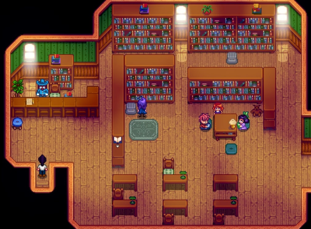 Penny from Stardew Valley teaching children in the museum library