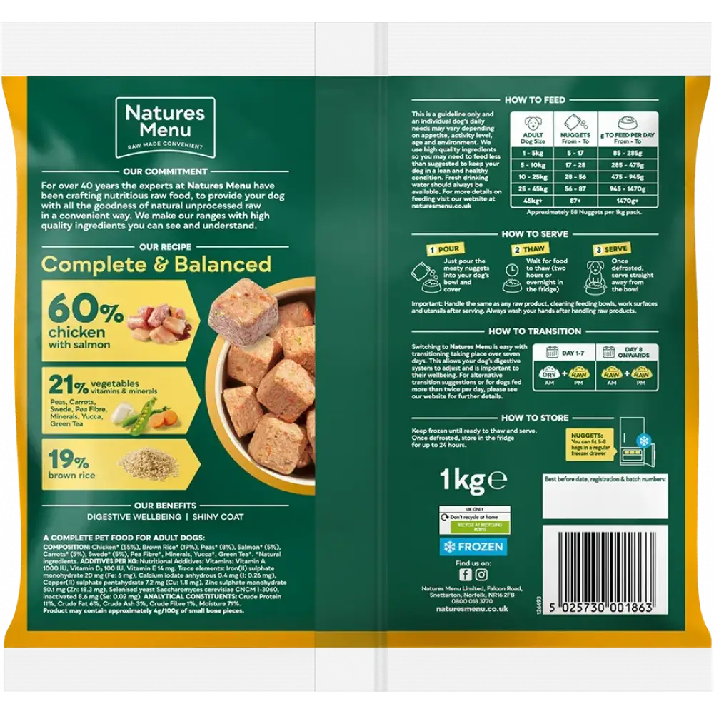 Envase de comida para perros Natures Menu mostrando ingredientes: 60% pollo, 21% vegetales, 19% arroz integral