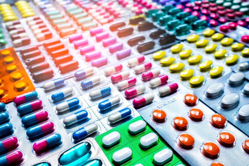 Colorful pharmaceutical blister packs and capsules