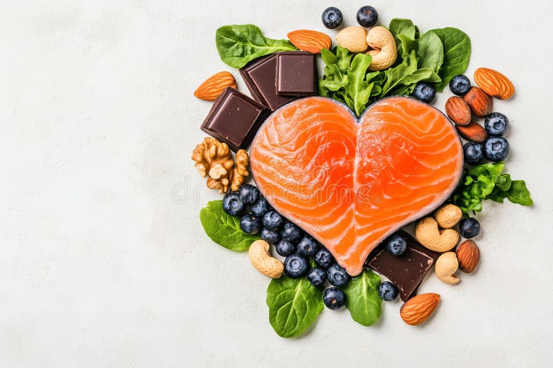 Heart-shaped salmon fillet surrounded by blueberries, dark chocolate, leafy greens, and mixed nuts representing brain-healthy foods