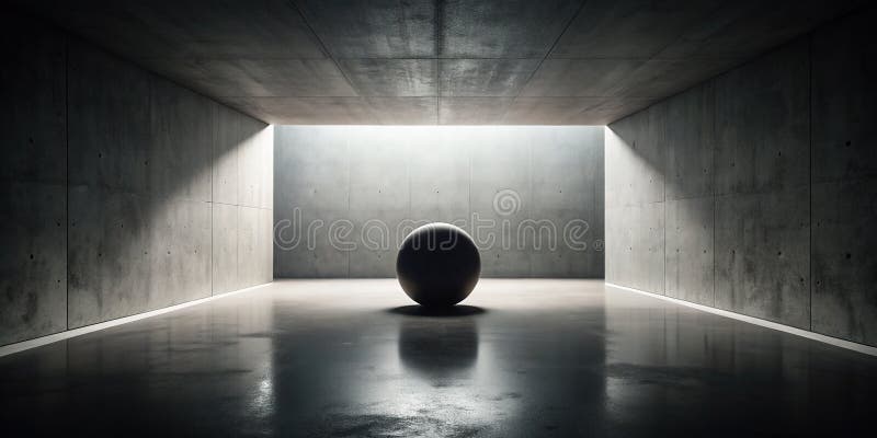 Esfera isolada em sala de concreto vazia com luz dramática