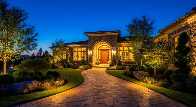 Luxury villa with landscape lighting at night