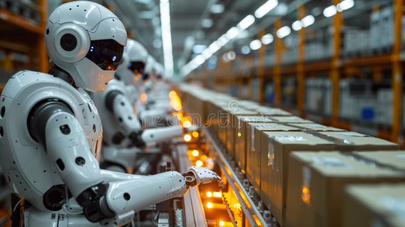 Robôs industriais trabalhando em fábrica automatizada substituindo operários humanos