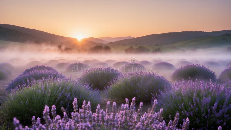 Sunrise over lavender fields with misty morning light and rolling hills