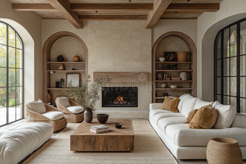 Decoración mediterránea con vigas de madera y terracota