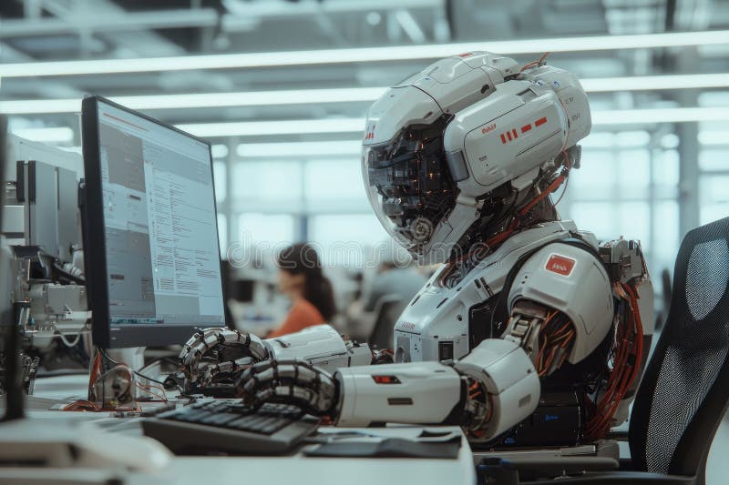 AI robot and human collaborating in a futuristic modern office workspace