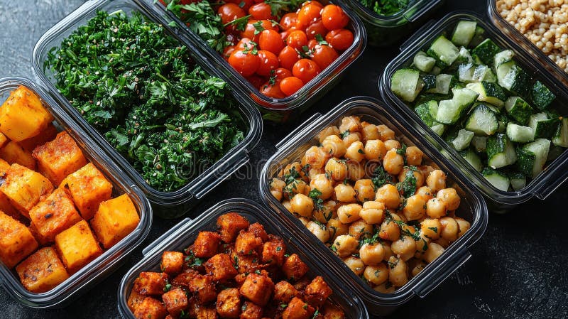 Vegan meal prep containers with colorful ingredients