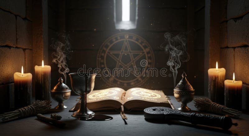 Altar ritual con velas y grimorio antiguo