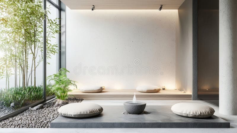 Sala de meditação minimalista com elementos naturais