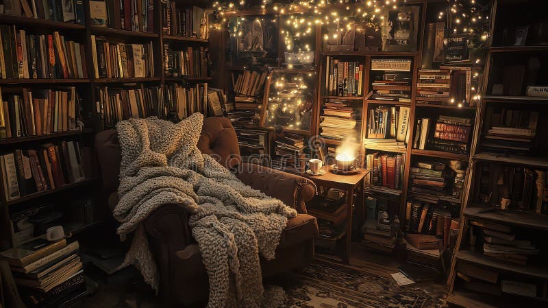 Cozy reading corner with books and warm lighting