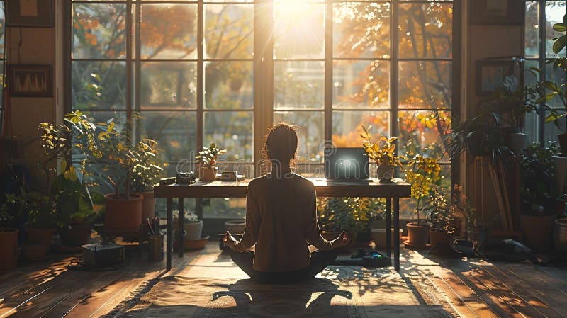 Mindfulness practice in minimalist home office with natural light