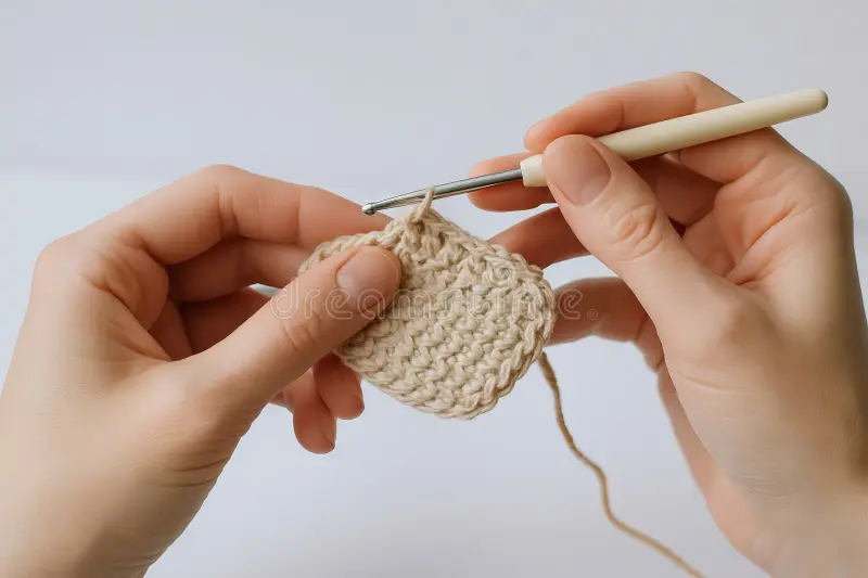 Hands Crocheting Pattern with Beige Yarn Using Crochet Hook. Concept of Diy  Craft, Handicraft Skill