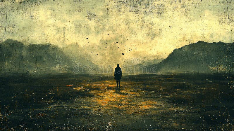 Figura solitária em paisagem vasta e vazia