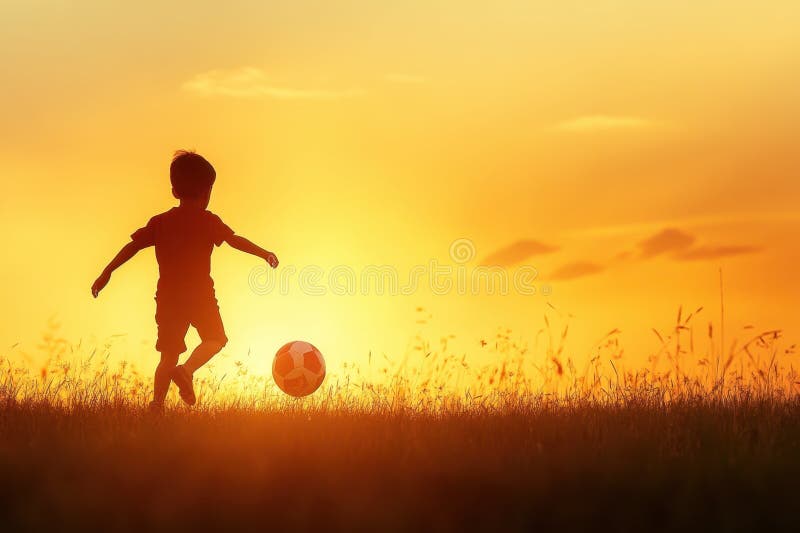 Criança jogando futebol ao pôr do sol